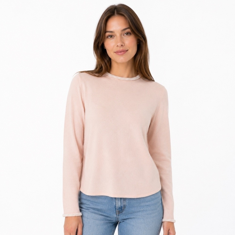100% Cashmere Charter Club Pearl‎ Trim Light Pink Crewneck Sweater Medium